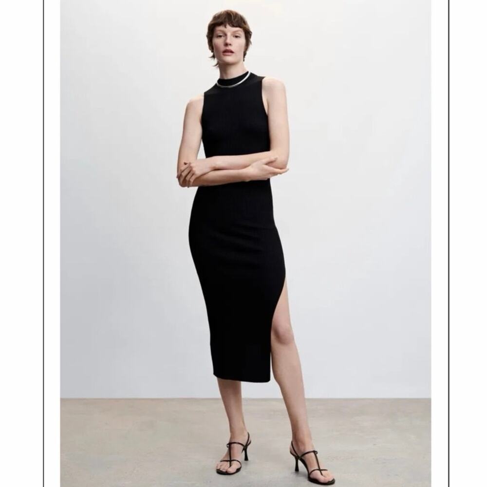 NWOT Mango Ribbed Knit Midi Dress Black Sleeveless Mock Neck Side Slit Bodycon M